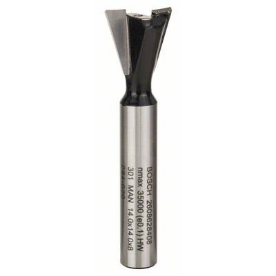 Bosch milling cutter with cylindrical shank and two cutting edges. Markings indicate model number and usage limits.
