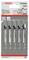 Five Bosch jigsaw blades for wood on grey packaging. Type T101AO HCS, suitable for clean-cut curves and shapes.
