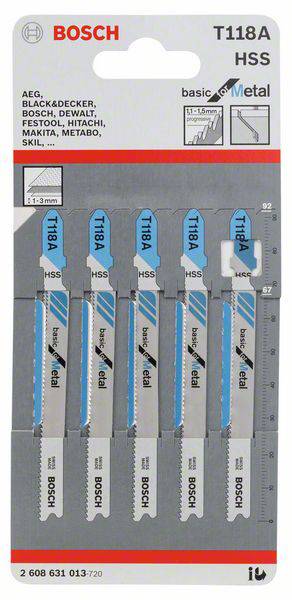 Five Bosch jigsaw blades T118A HSS on a card. Suitable for metalworking, compatible with multiple tool brands.
