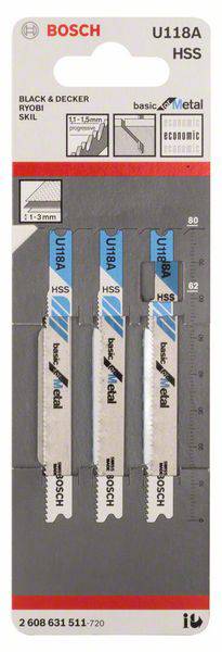 Package of three Bosch saw blades, Model U118A HSS, for metalworking, compatible with Black & Decker, Ryobi and Skil.