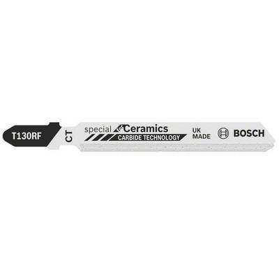 Saw blade with the inscription 'Ceramics Carbide Technology', suitable for ceramic materials. Bosch brand, Made in UK. Model T130RF.