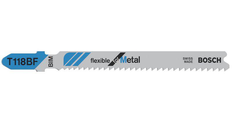 'T118BF BIM Saw Blade for Metal by Bosch, grey colour, with blue-black labelling. Label: flexible for Metal, SWISS MADE.'
