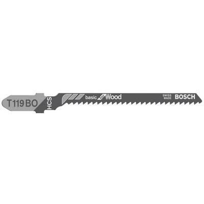Metal saw blade 'T119BO', suitable for wood, with HCS teeth, Swiss Made by BOSCH, grey coloured, flat design.