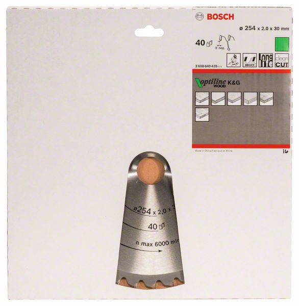 'Bosch Optiline Wood Saw Blade, 254 x 2.0 x 30 mm, maximum 6000 rpm.'