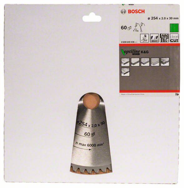 Packaging of a Bosch circular saw blade, showing specifications: Diameter 254 mm, Thickness 2.0 mm, Bore 30 mm, max 6000 RPM.