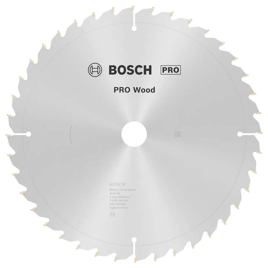 Circular saw blade labeled 'BOSCH PRO Wood,' featuring sharp teeth around the edge, designed for cutting wood.