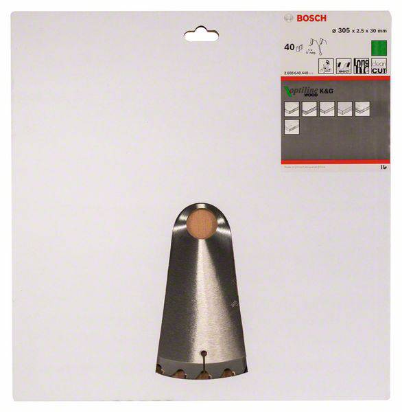 'Bosch saw blade for woodworking, 305 mm diameter, 40 teeth, for clean cuts, packaged with technical details printed on.'