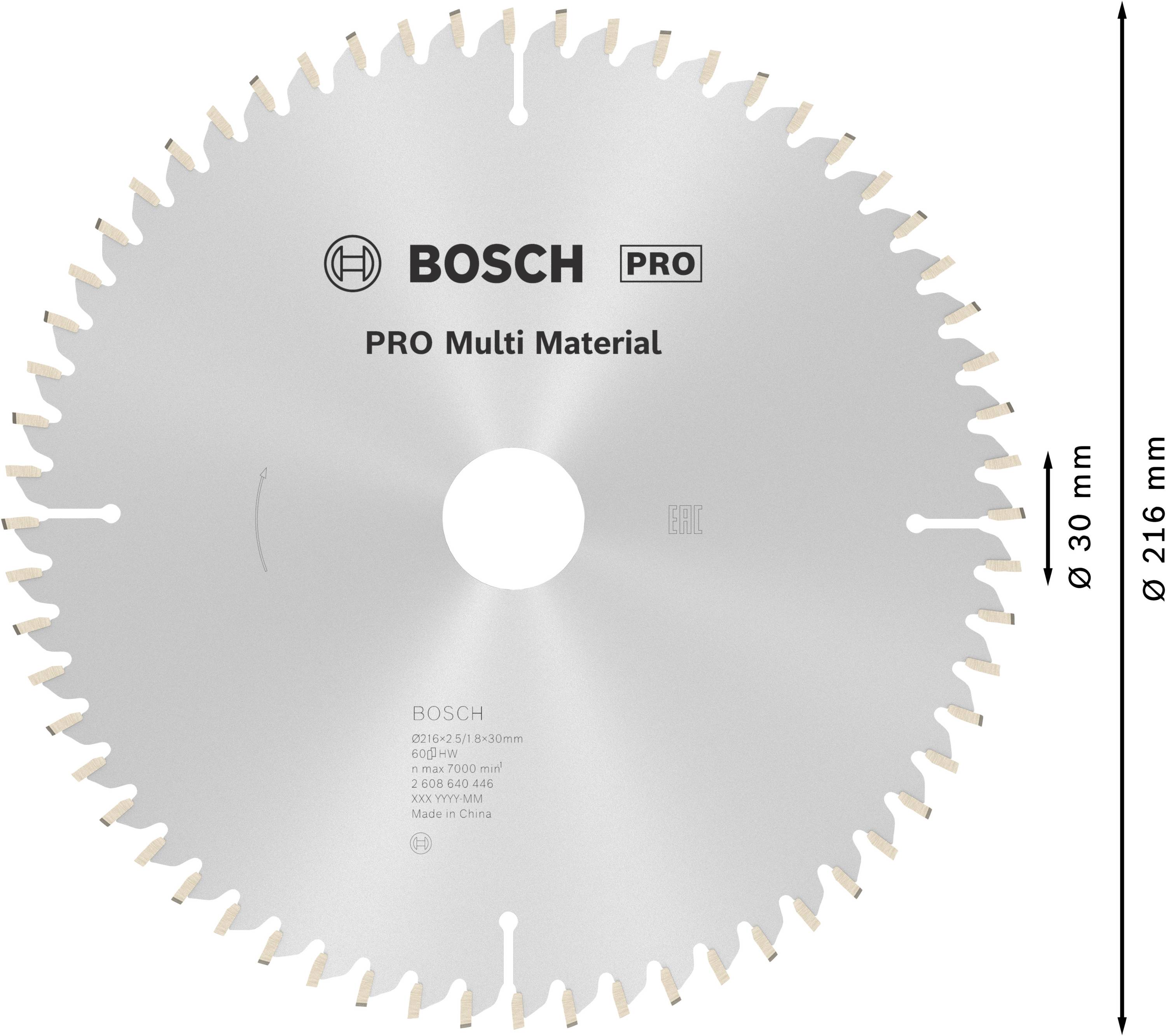 Bosch brand circular saw blade with the inscription 'PRO Multi Material', diameter 216 mm, bore 30 mm, suitable for various materials.