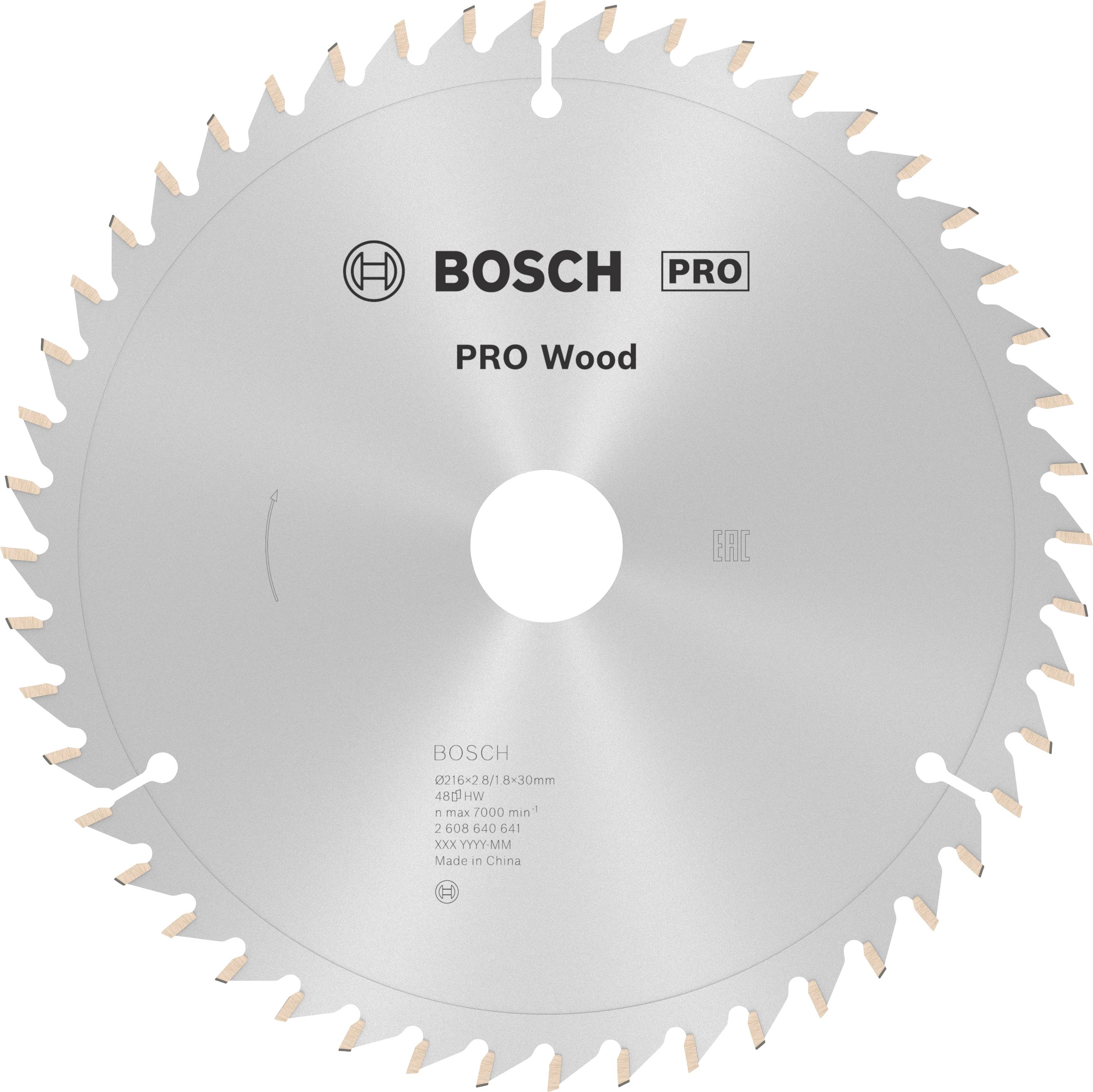 Circular saw blade with Bosch logo and inscription 'PRO Wood'. Suitable for woodworking, diameter 216 mm, 48 teeth, material: HM.