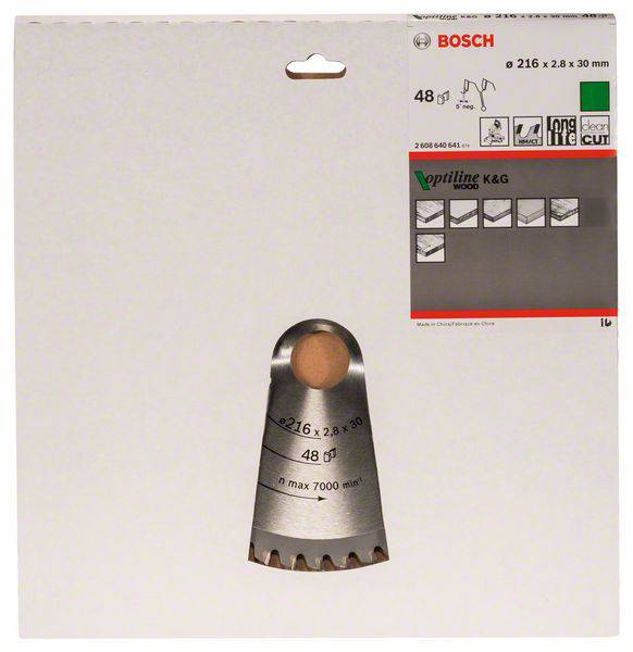 Bosch Circular Saw Blade for Wood, 216 x 30 mm, 48 Teeth, Max RPM 7,000. Packaged with Product Image and Specifications.