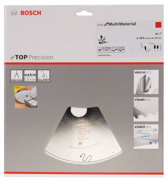 Packaging for a Bosch 'Top Precision' saw blade suitable for various materials. Features: precise, quiet, clean, robust.