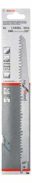 Packaging for Bosch S1531L HCS Jigsaw Blades, Pack of 5, Suitable for Wood, Length 240mm. Includes Illustrations of Tooth Configuration.