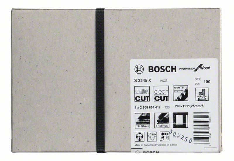 Cardboard packaging with label for Bosch saw blades 'S 2345 X, HCS, Progressor for Wood'. Contains 100 pieces for wood saws.