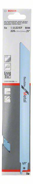 Packaging for a Bosch saw blade S 1127 EF, ideal for metal, bi-metal, length 225 mm. Contains 5 pieces with fine cutting performance.