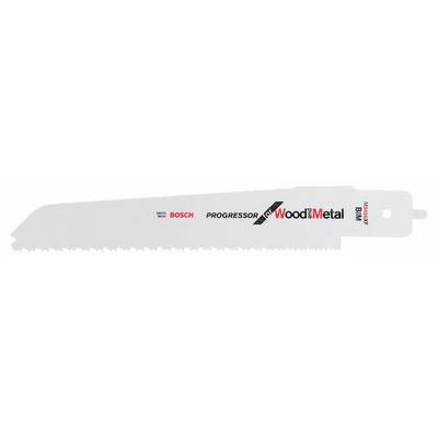 Sabre saw blade with the inscription 'Bosch Progressor Wood Metal', suitable for wood and metal, white colour with serrated edge.