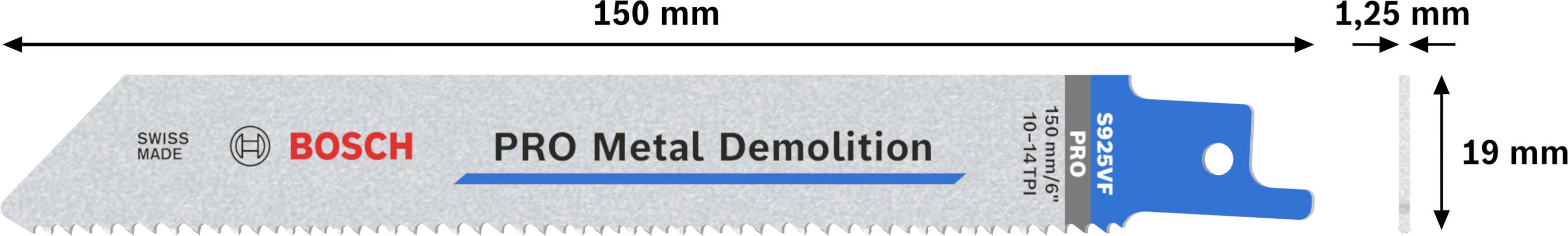 Reciprocating saw blade, model 'Bosch Pro Metal Demolition', length 150 mm, width 19 mm, suitable for metal cutting.