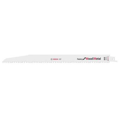 Bosch reciprocating saw blade for heavy-duty wood and metal work, long and white, with fine tooth configuration.