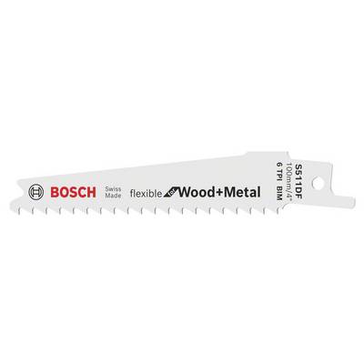 Reciprocating saw blade by Bosch, suitable for wood and metal, 100 mm length, 6 teeth per inch, model number S511DF.