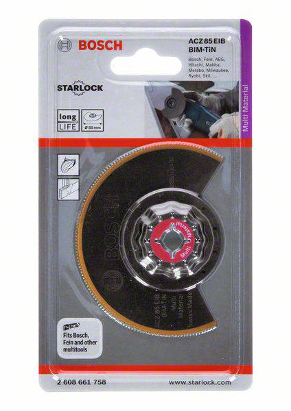 A Bosch oscillating multi-tool saw blade in packaging. Suitable for Bosch, Fein, AEG, Makita and other tools.