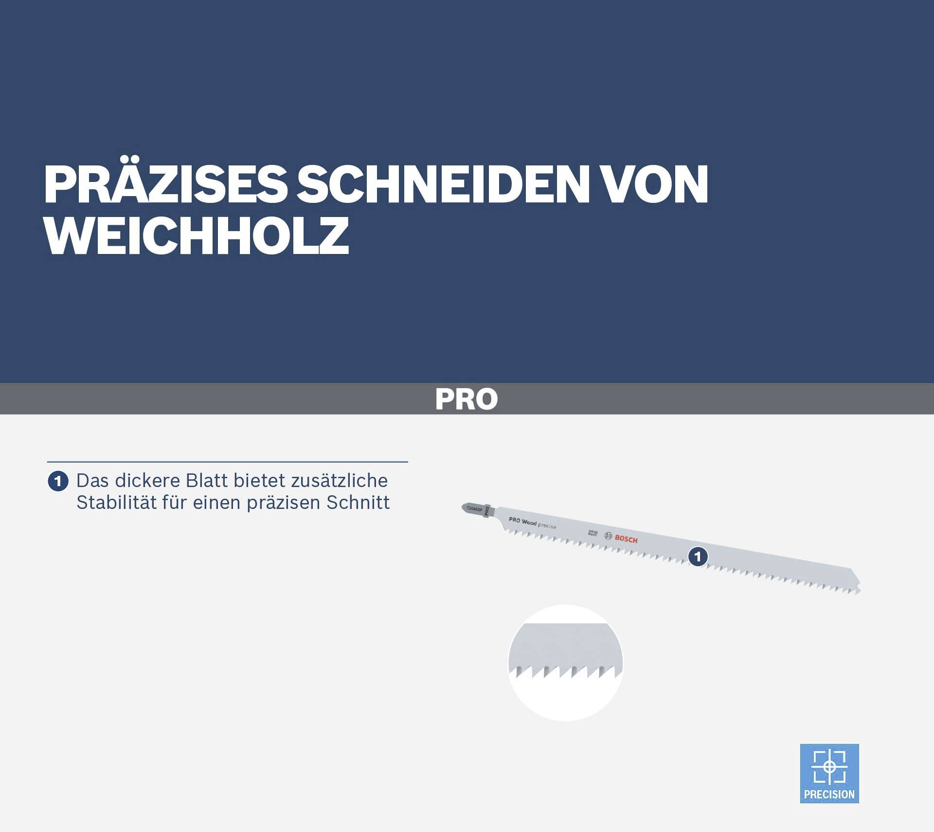 The illustration depicts a saw blade with the inscription 'Precise Cutting of Softwood', emphasising stability and precision when cutting.
