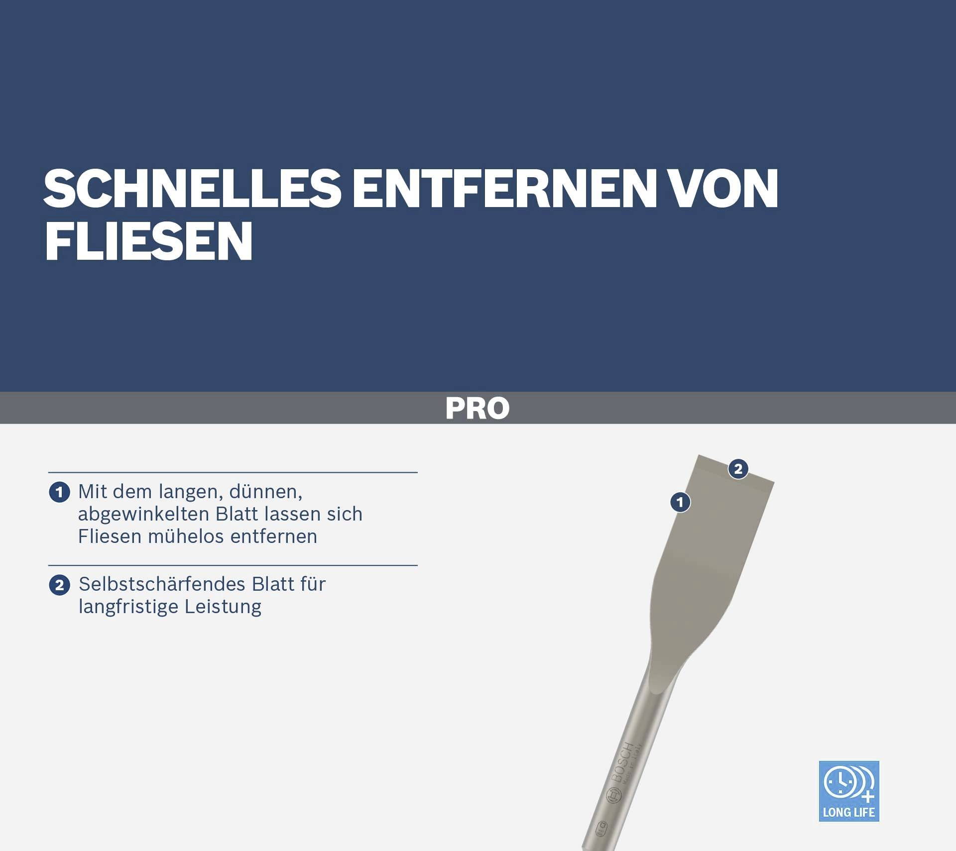 'Quick Tile Removal' Tool with a long, thin blade for effortless removal and self-sharpening design.