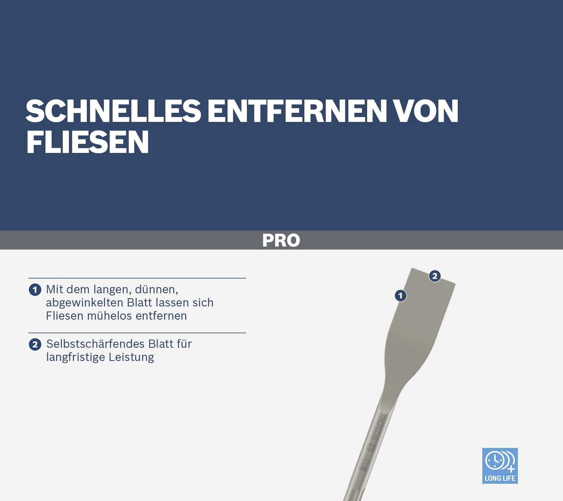 'Quick Tile Removal': A tool with a long, thin blade for easy tile removal and a self-sharpening blade.