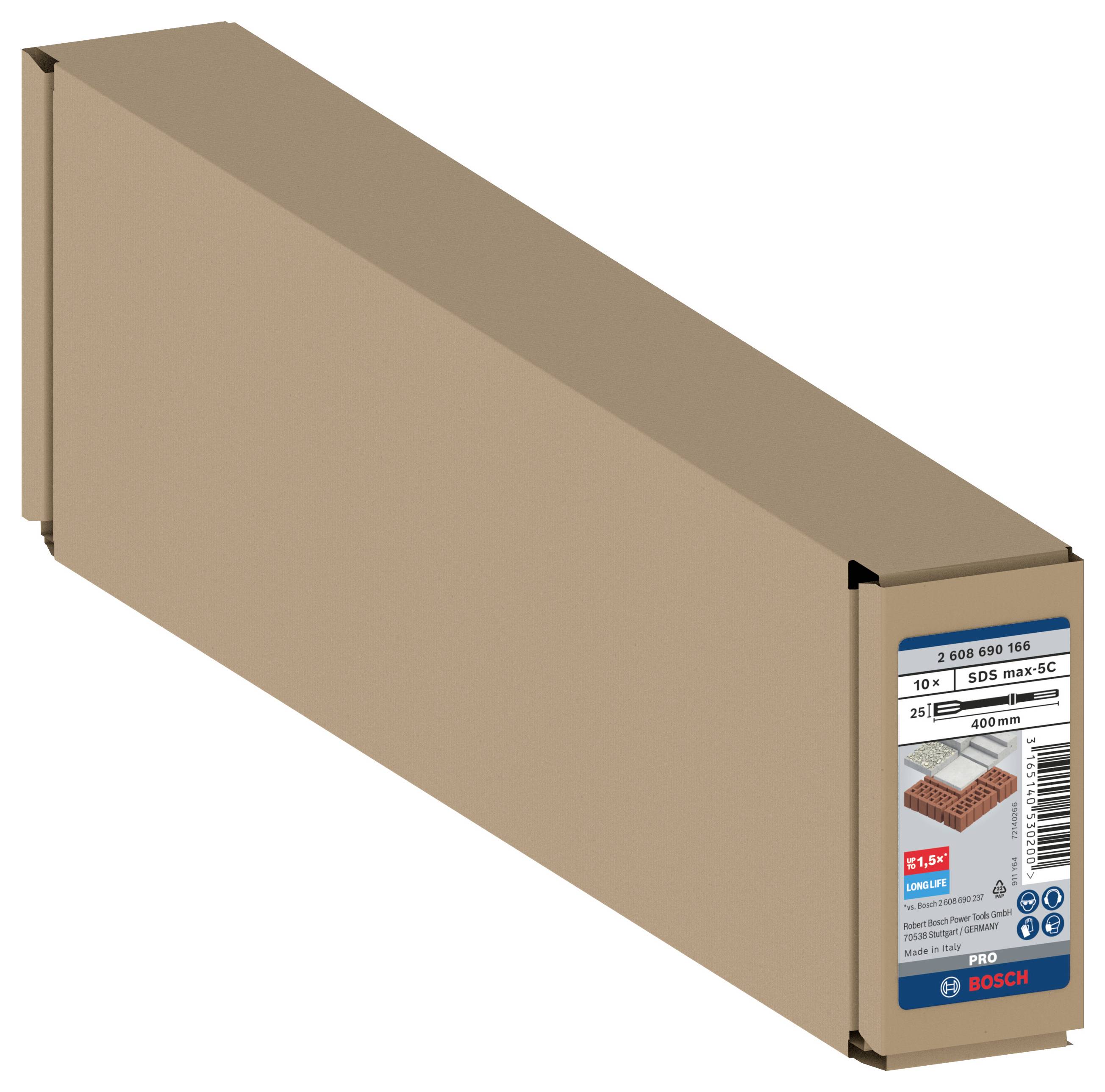 An elongated package with a Bosch label. Contains tile drill bit '5.0S max SC'.