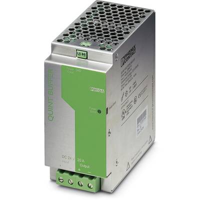An industrial power supply with the inscription 'QUINT BUFFER', green front panel, side ventilation slots, and connections.