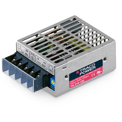 Silver network power supply with multiple output terminals. Label shows 'TRACO POWER', model, input voltage and safety certifications.