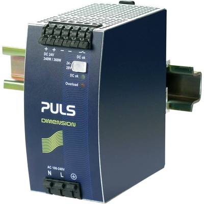 PULS power supply unit, 'DIMENSION' model, mounted on a DIN rail; LED indicators for DC outputs and overload.
