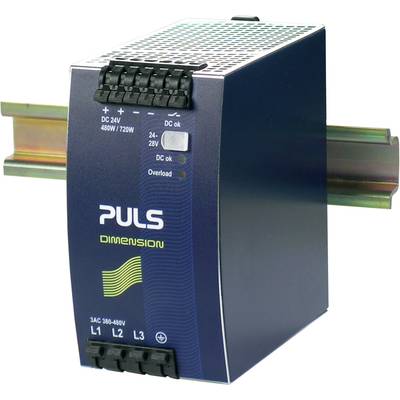 A blue electronic device for power supply is mounted on a metal rail. Inscription: 'PULS Dimension'.