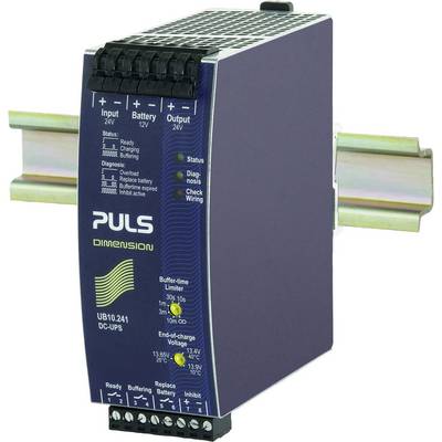 'Industrial DC UPS by Puls, Model UB10.241; Input 24V, Battery 12V, Output 24V; Status indicators and terminal connections visible.'