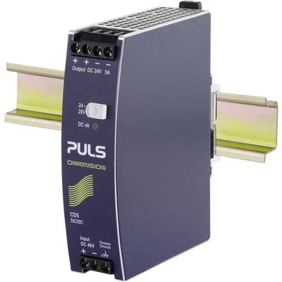 A PULS DC/DC converter on a DIN rail, with input 24-28V and output 24V 5A, suitable for industrial applications.