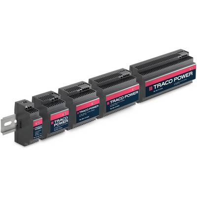 Five stacked TRACO POWER power supplies in various sizes, from small to large.