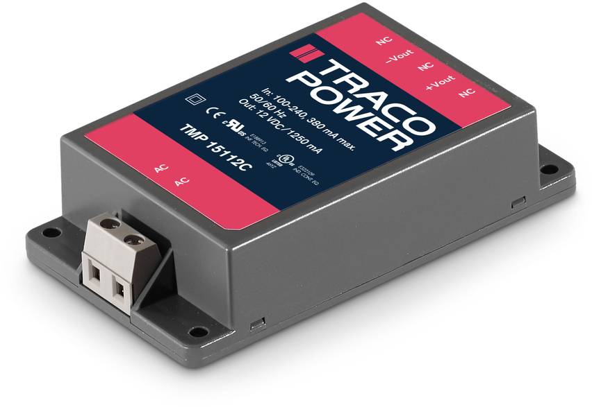 Traco Power electrical power supply unit, Model TMP 15112C, with side-mounted connections. Suitable for AC/DC input.
