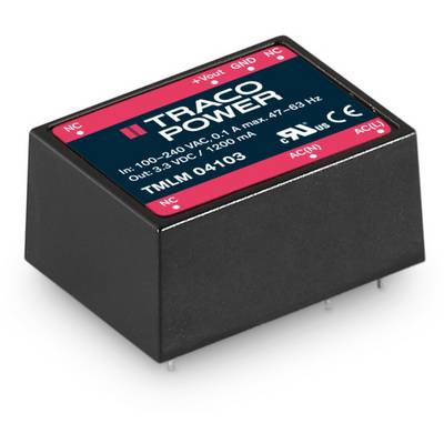 A Traco Power transformer module with technical specifications: Input 100-240 VAC, Output 3.3 VDC, 1200 mA. CE and UL certified.