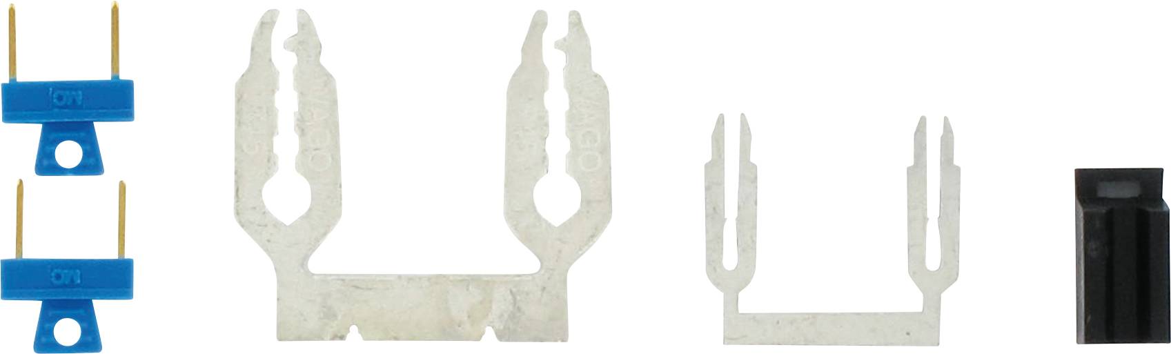 'Electronic Components: Two blue PIN connectors on the left, two metallic contacts in the centre, a black connector on the right.'