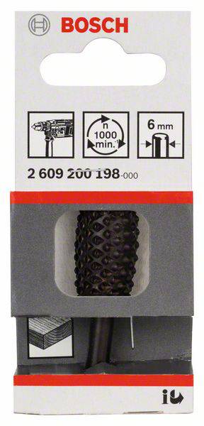 'Bosch' packaging with milling attachment, 6 mm diameter, with symbols for drill and minimum 1000 revolutions per minute.