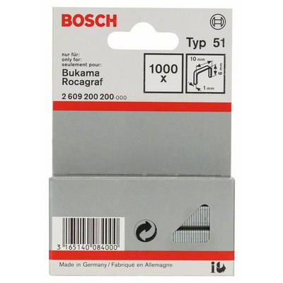 Bosch Staple Pins Type 51 for Bukama Rocagraf, 1000 Pieces, 10 mm Length. Packaging with Barcode and Manufacturer Details.