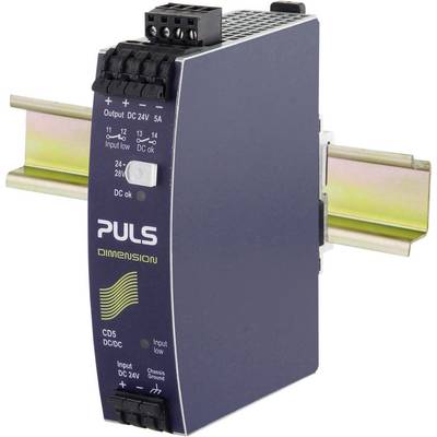 A power supply unit from PULS with a 24V DC output, mounted on a DIN rail. Input and output connections are located in the top left.