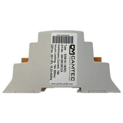 Label on an electronic device by Camtec with details: Type ESB1016016CA, Input 16A, 230V AC, 50-60Hz.<br><br>The translation is already in British English and maintains the technical specifications precisely, so no changes are needed.
