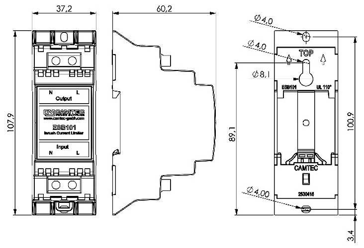 Technical drawing of a narrow electrical module shown front, side, and rear views with dimensions, labeled 'Output' and 'Input', and marked 'TOP'<br>