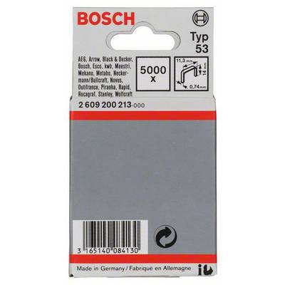 A grey Bosch packaging containing staples Type 53. The Bosch logo is at the top, with specifications underneath: '5000 pieces, 11.3 mm x 14 mm'.