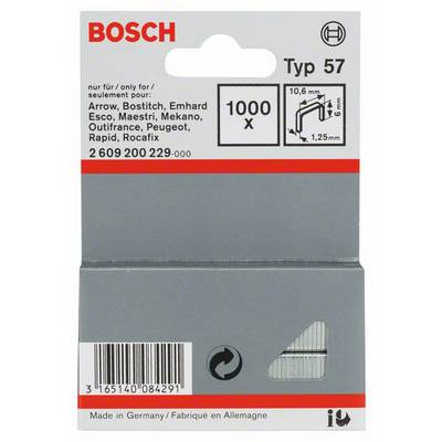 Bosch Staple Packaging, Type 57, 1000 Pieces, 10.6 mm Width, 6 mm Length. Compatible Devices List Printed. Made in Germany.