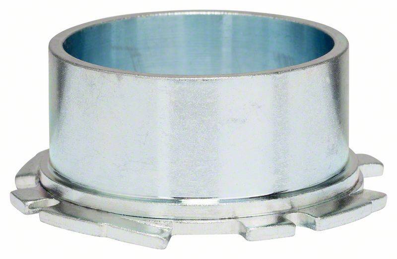 Metal pipe connector with a round, hollow cylinder and serrated edge. Used for industrial pipe connections.