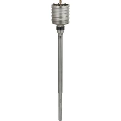 A grey hole saw with multiple cutting teeth, suitable for drilling large circular holes in solid materials such as concrete.