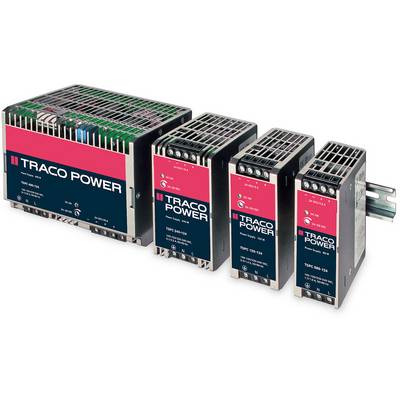 'TRACO POWER' power supplies in various sizes, mounted on a DIN rail. Ideal for power supply in industrial applications.