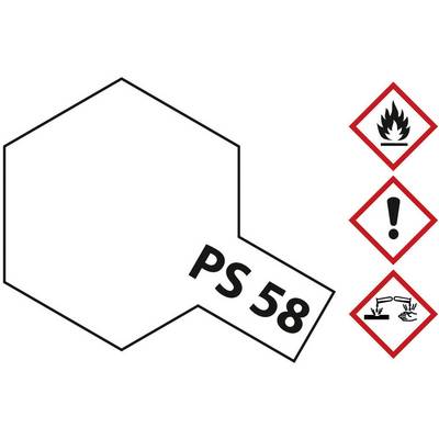 Chemical safety diagram for 'PS 58' with hazard symbols: Flame for flammability, exclamation mark for warning, acid on hands for corrosive.