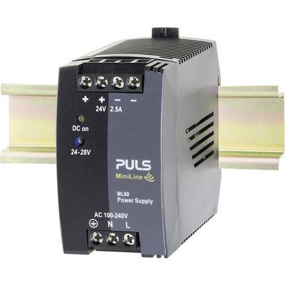 'Medium-sized switch mode power supply mounted on DIN rail. Shows AC 100-240V input connection and 24V, 2.5A output power.'