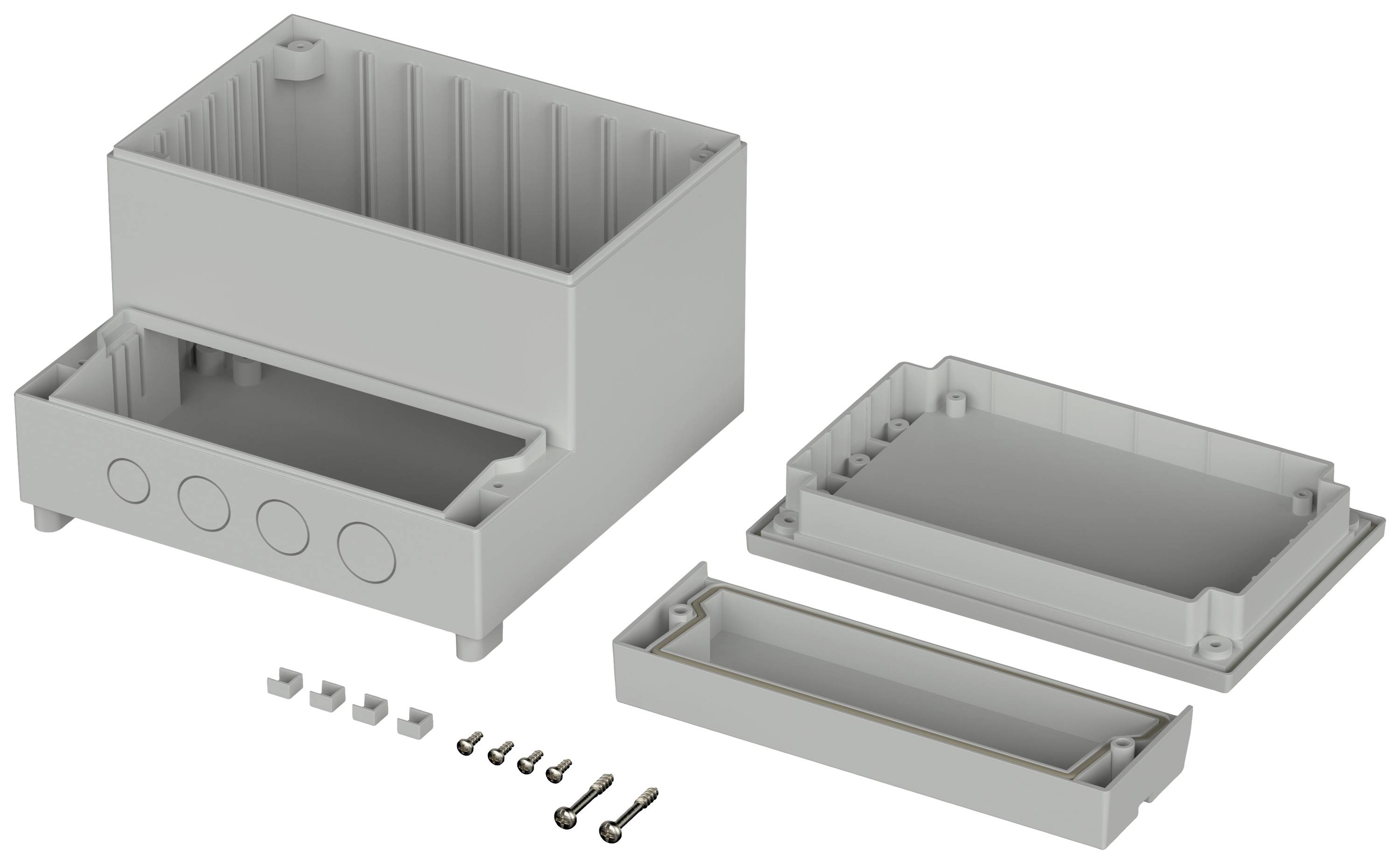 Grey, rectangular enclosure with removable lids and screws, shows disassembled electronic component.